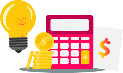 Ilustração de calculadora, lâmpada e moedas